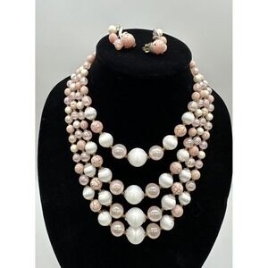 Vintage 4 Strand Necklace And Clip Earring Set Round Pink Plastic Beads Japan